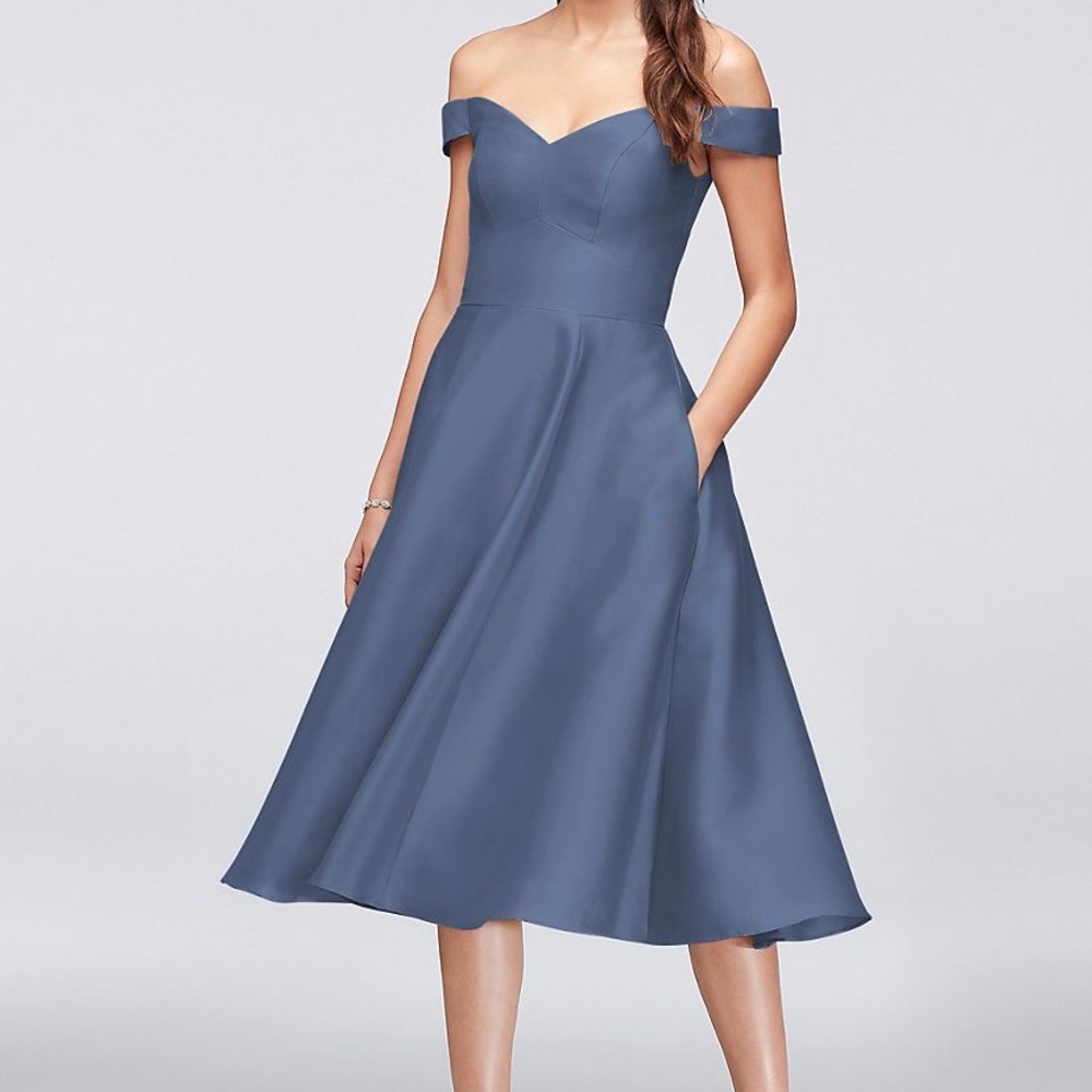 David’s Bridal Tea length blue off shoulder dress
